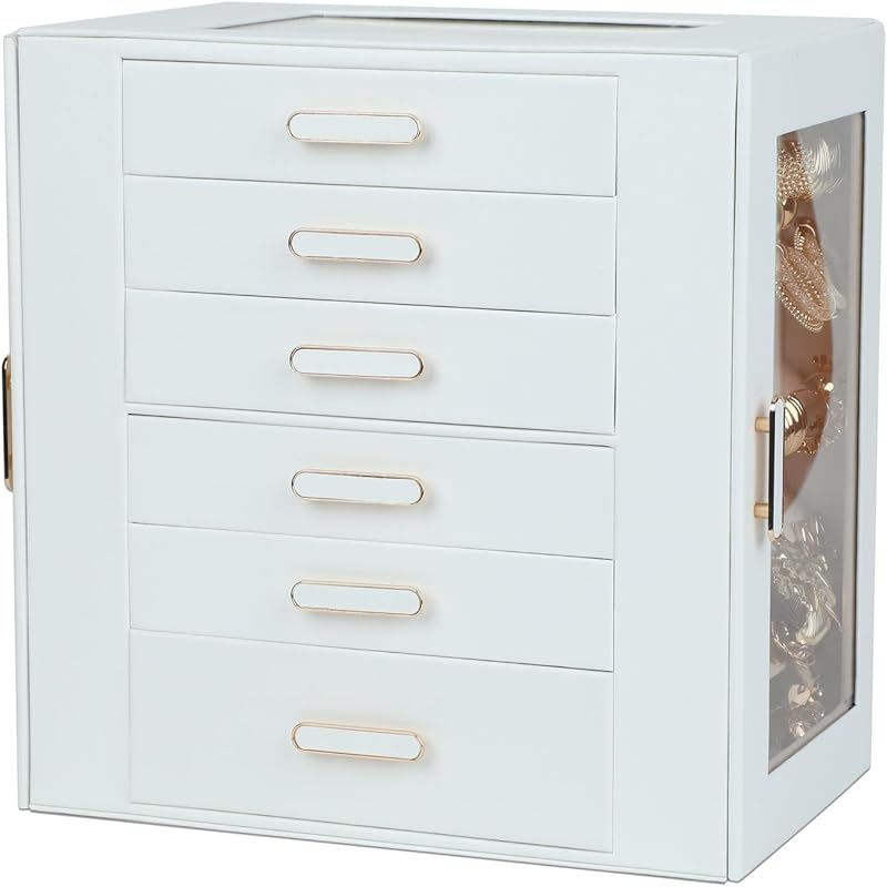BOOVO Large White 6-Layer Jewelry Organizer with Clear Lid & 6 Drawers