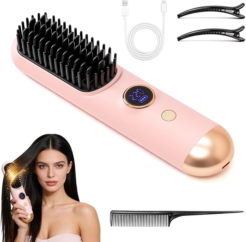 Portable Cordless Hair Straightener Brush for Short Hair & Travel