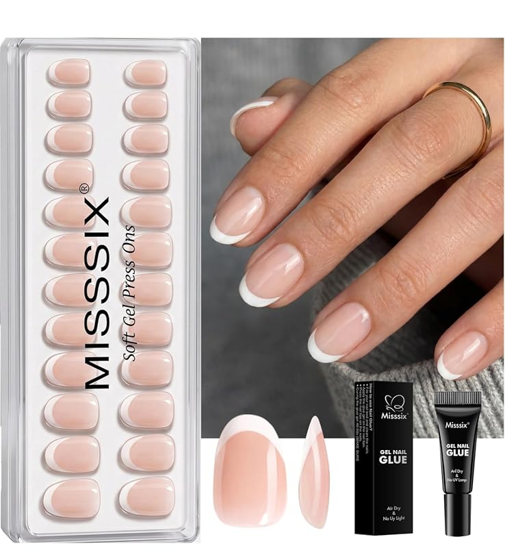 Misssix French Tip Press On Nails Short Oval Fake Nails with Glue 30Pc