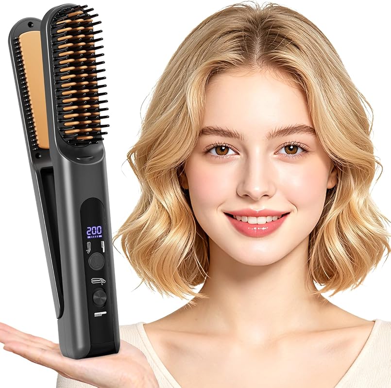 Portable Cordless 2-in-1 Hair Straightener & Curling Brush for Short H