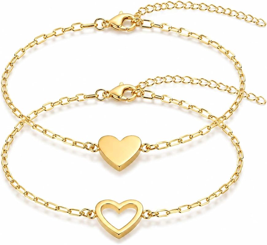 Heart Bracelet 14K Gold Plated Stainless Steel Adjustable Dainty Chain