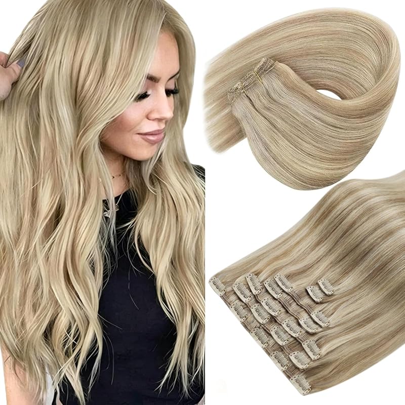 Sunny 120g Real Human Hair Clip‑Ins, 18" Remy, Dark Golden Blonde High