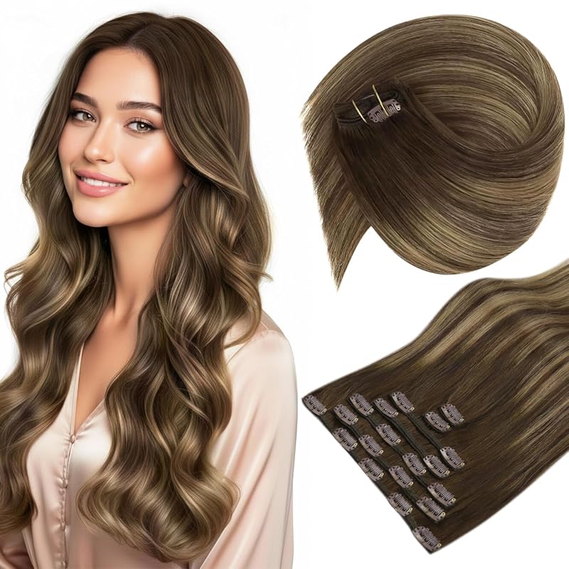 Sunny 120g Real Human Hair Clip‑Ins, 18" Remy, Medium Brown Balayage –