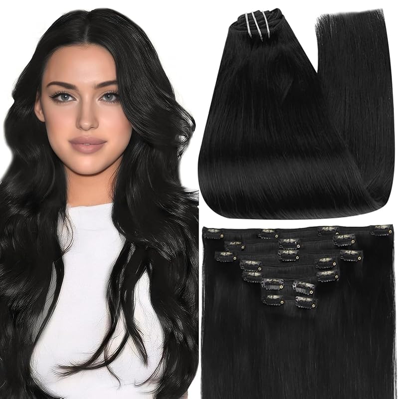 Full Shine Black Clip‑in Extensions – 24" Remy Human Hair, 120g, 7 Pie