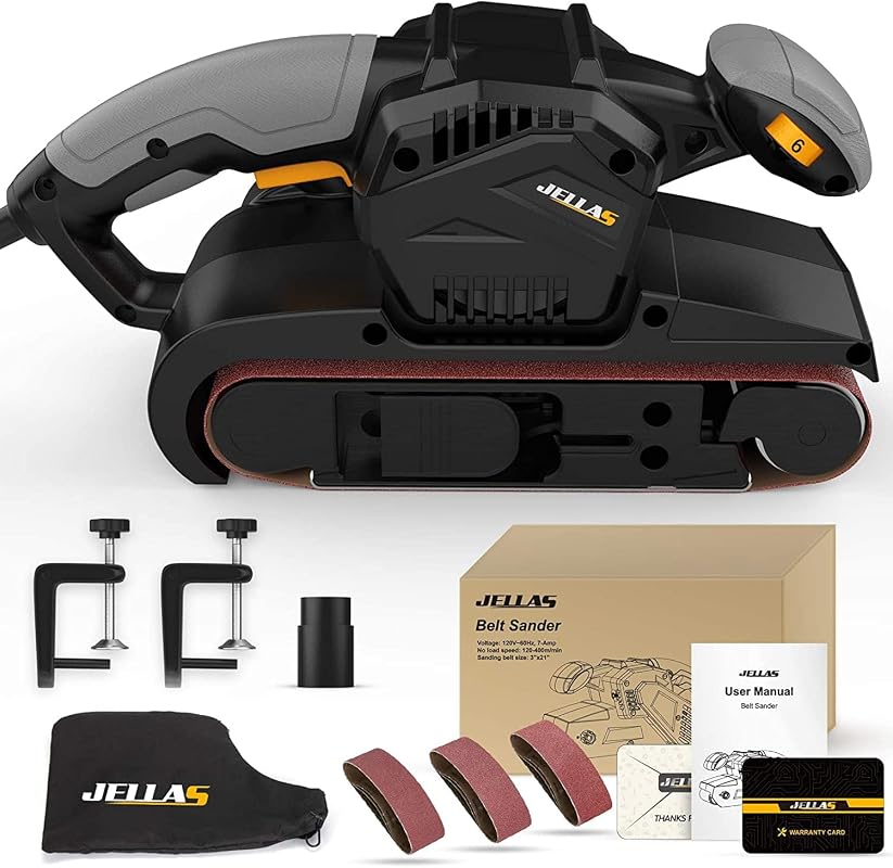 Jellas 7Amp Belt Sander, 3×21 with Dust Bag, Variable Speed, Dual Vac