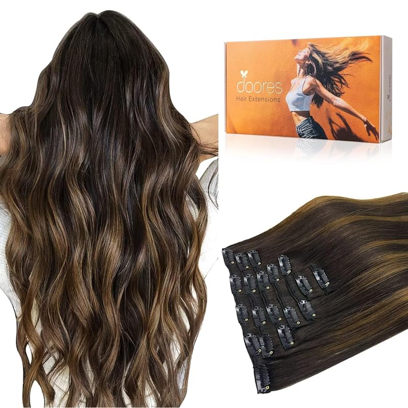 DOORES Clip in Hair Extensions dark brown to chestnut 120g 7pcs 18 inch human hair straight remy weft