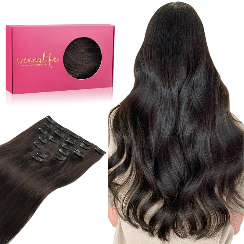 WENNALIFE Clip in Hair Extensions human hair 18 inch 120g 7pcs dark brown remy hair straight clip‑ins