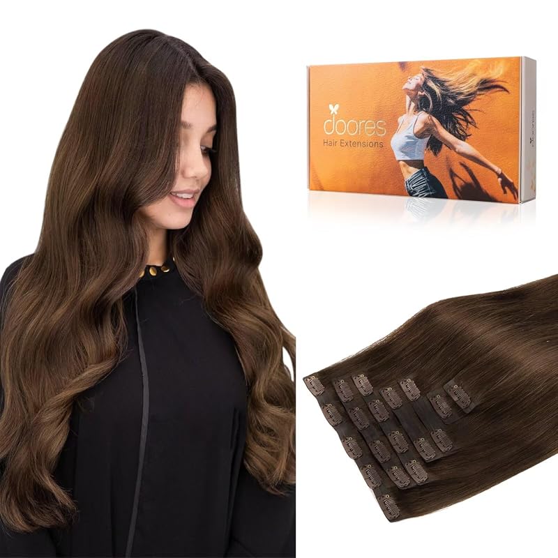 DOORES Clip-in Hair Extensions – Chocolate Brown Real Human Hair, 150g