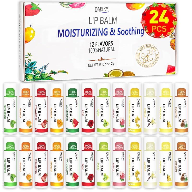 DMSKY 24 Pack Natural Moisturizing Lip Balm with Coconut Oil and Vitam