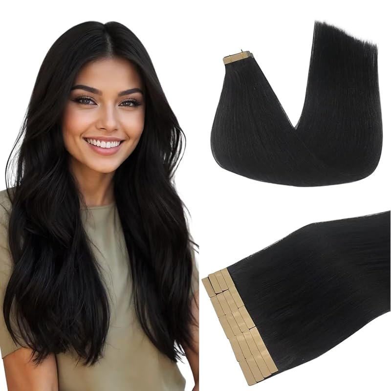 DOORES Tape-in Hair Extensions – Black Straight Hair, 20 Inch, 50g, 20
