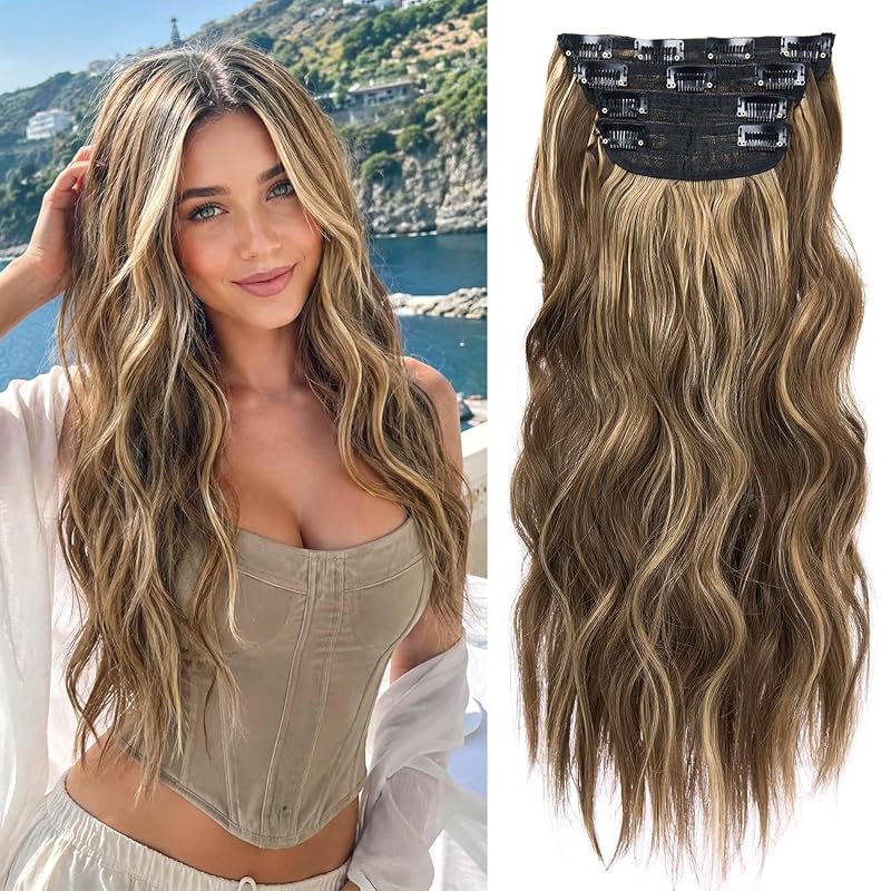 4‑Piece Honey Blonde Mixed Light Brown Clip‑In Synthetic Hair Extensio