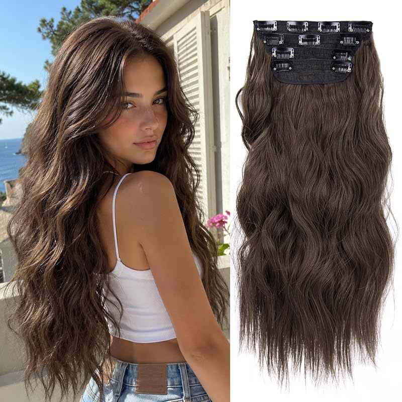 Double Weft Synthetic Hair Extensions – 4 PCS Thick Long Wavy Weave, C