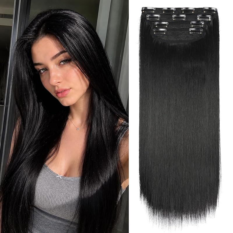 Black Straight Clip‑In Hair Extensions, 20" Soft Thick, 4‑Piece Set, C