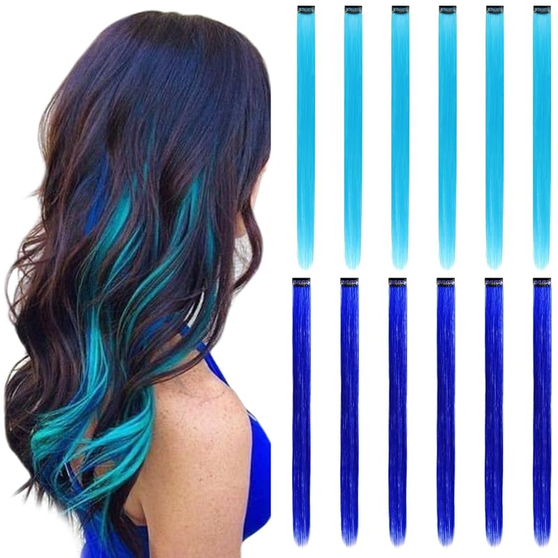 Colored Hair Extensions Clip-in Set – 12 Pieces (6 Blue + 6 Teal), Vib