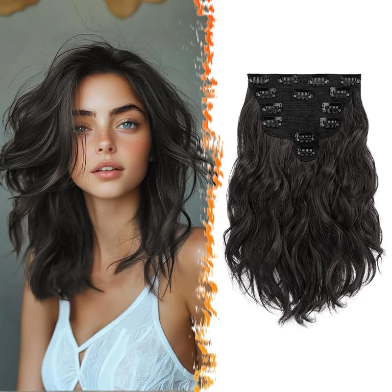 BARSDAR Black Brown Wavy Clip‑in Extensions – 12" 6‑Piece Synthetic Ha