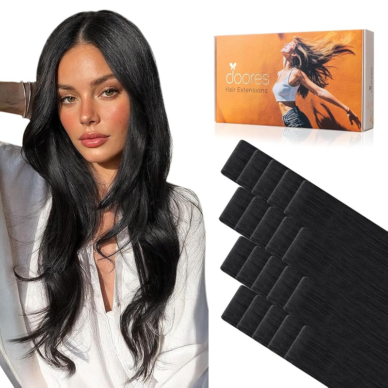 DOORS Tape in Hair Extensions – 10‑injection jet black 18‑inch virgin 