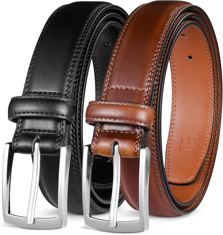 MILORDE Men's Leather Dress Belt 2-Pack, Handmade Genuine Leather, Cla