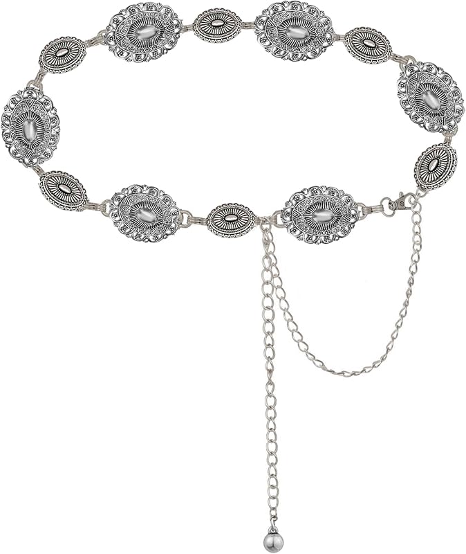 WAYLIT Women’s Western Concho Cowgirl Belt – Boho Silver Vintage Turqu