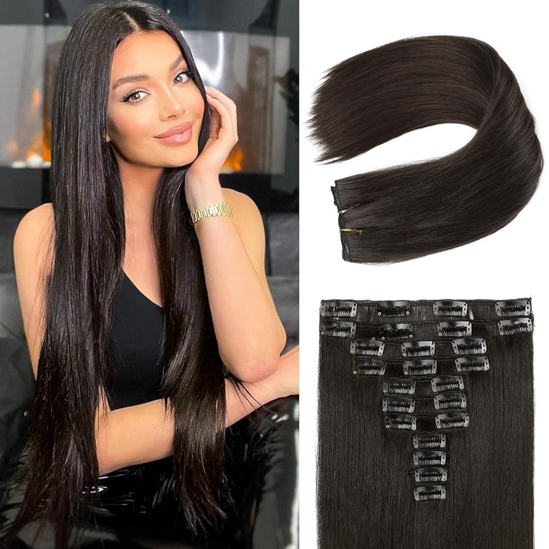 REECHO 11pcs 28" Clip-in Synthetic Hair Extensions, Straight Natural S