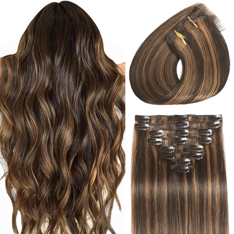 Real Human Hair Clip‑ins Extensions for Women, straight 8pcs double weft dark brown to chestnut 16 inch 90g