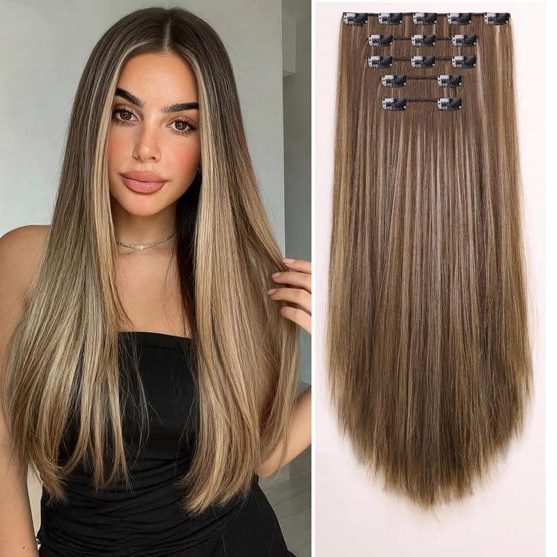 22" Straight Synthetic Clip-in Hair Extensions, 5pcs Heat‑Safe Fiber,