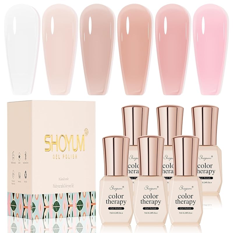 SHOYUM 6-Color Nude Pink Gel Nail Polish Set, Sheer Milky Jelly Soak O