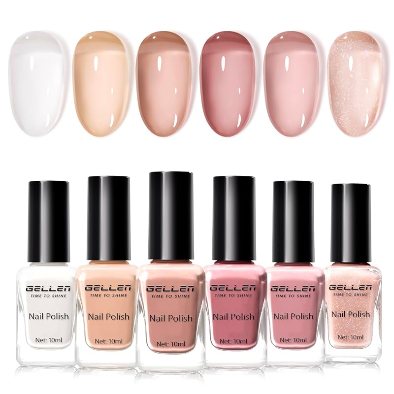 GELLEN Jelly Nail Polish Set, 6-Piece Neutral Nude Pink and Milky Whit